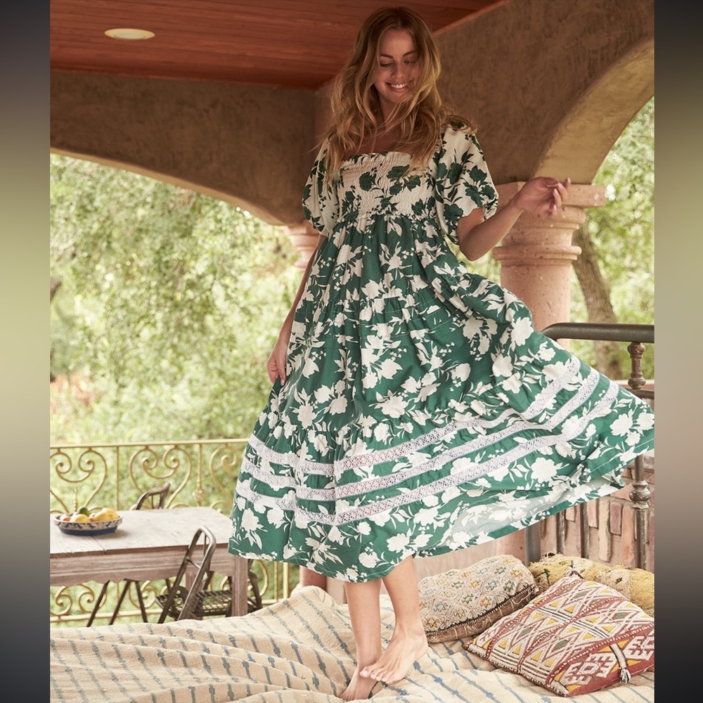 Mi Golondrina Luisa dress, green and white floral midi, medium